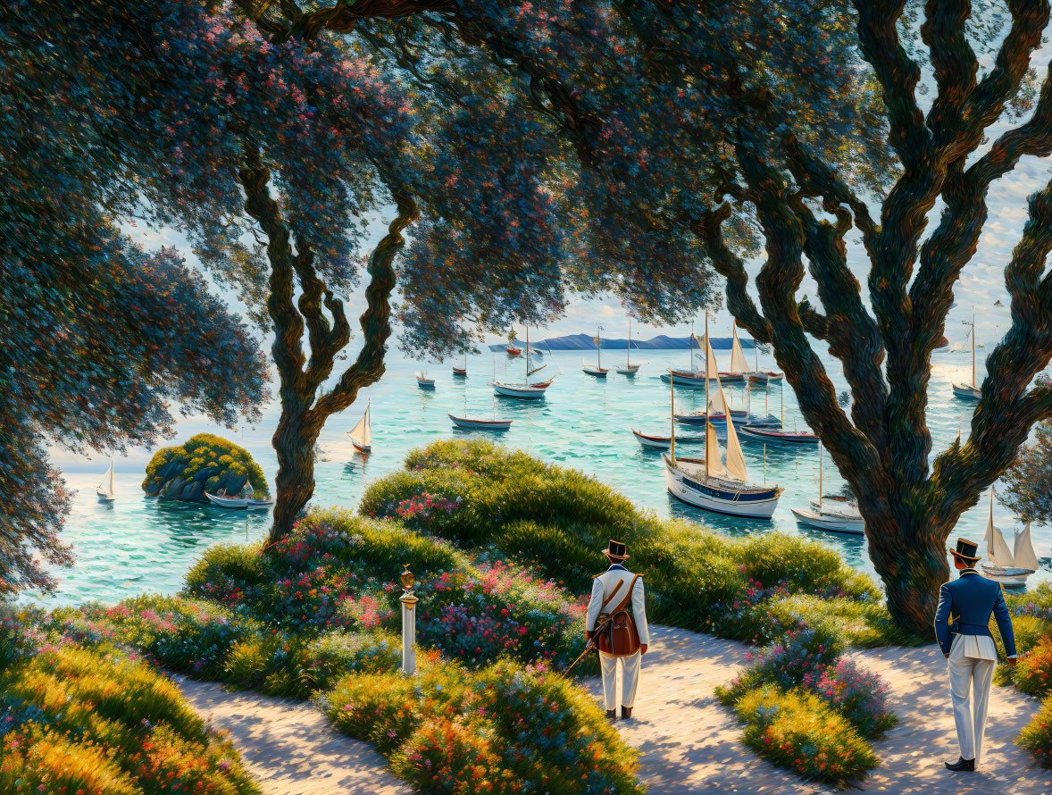 Vintage-attired couple strolling on coastal path with lush trees overlooking serene bay and sailboats on