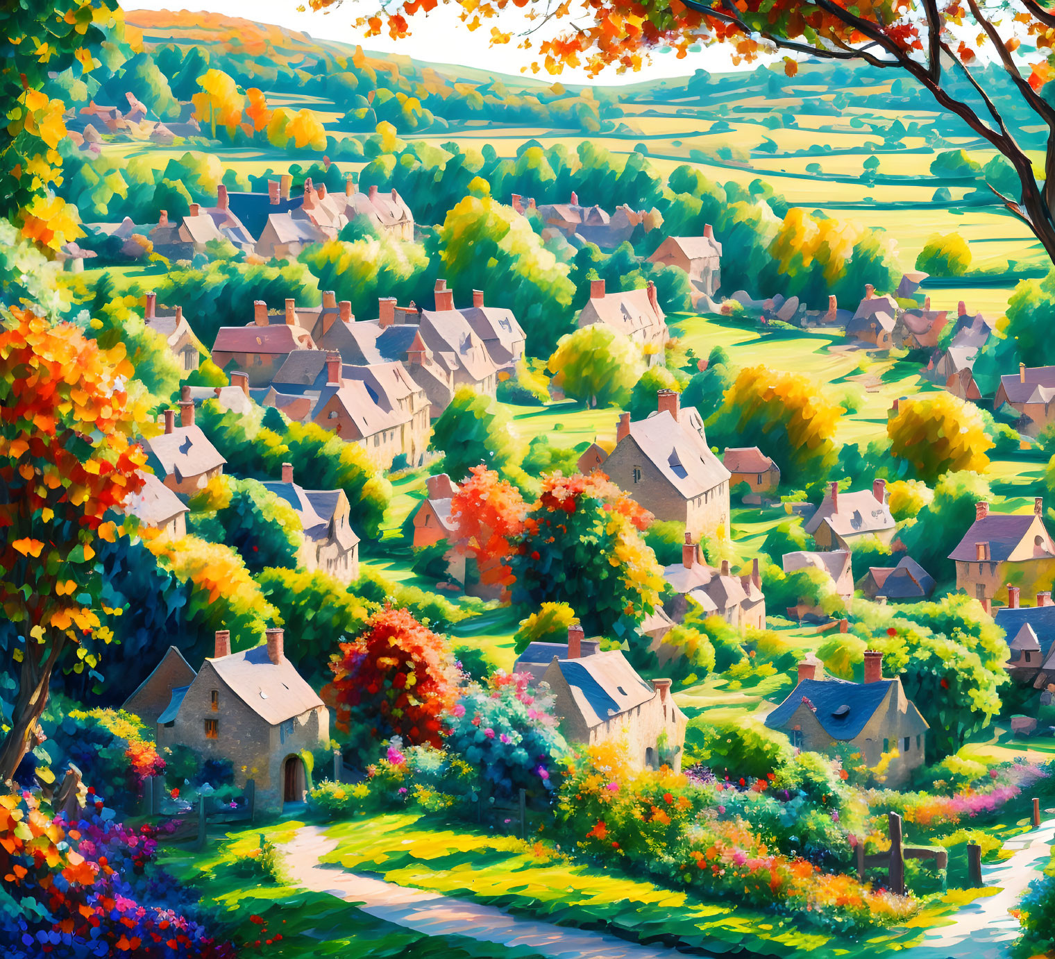 Colorful village painting: Rolling hills, stone houses, vibrant foliage