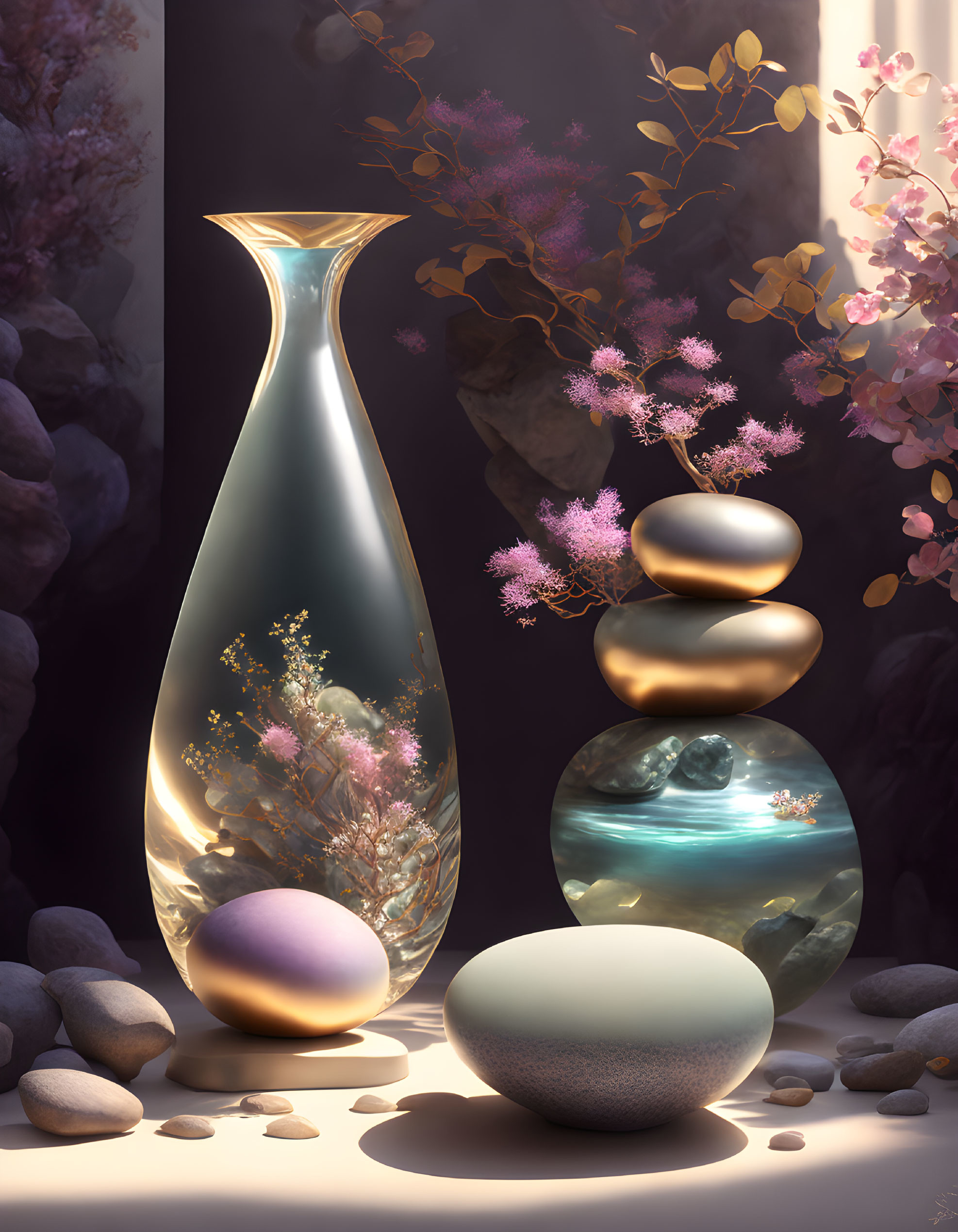 Still life with tall vase, stones, pink flora, and eggs on dark background