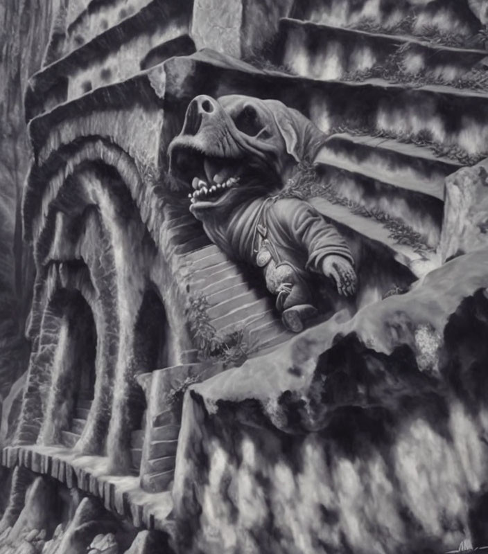 Monochrome artwork of creature in costume head on stairwell in surreal building