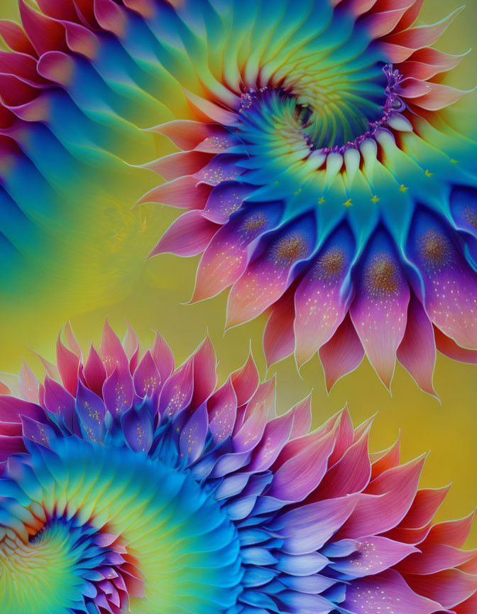 Colorful Fractal Digital Art: Layered Flower Design in Blue, Purple, Orange, Yellow