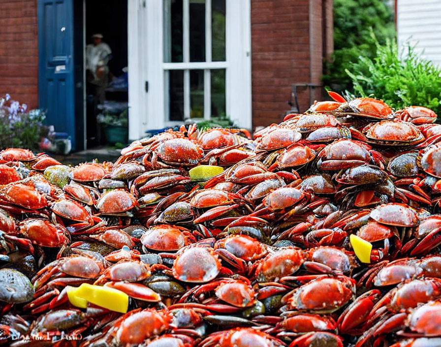 Cooked crabs with lemon slices on table, person in doorway, brick house in background