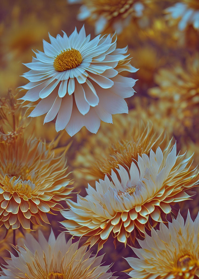 White daisy close-up among orange-tinted flowers in autumn scene