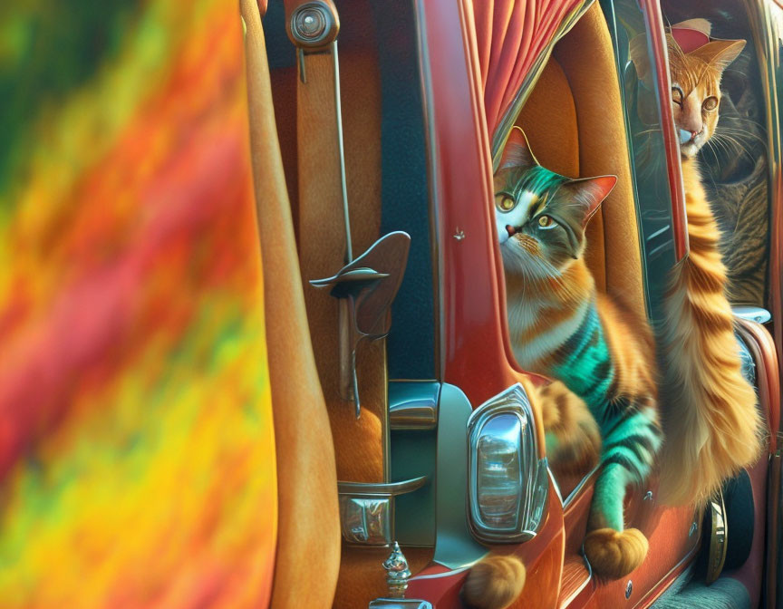 Two cats in vintage car with one peering out of window