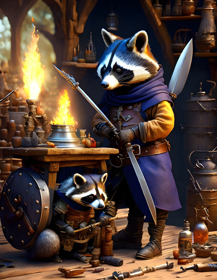 Anthropomorphic raccoons as medieval warriors in a workshop with armory and potions