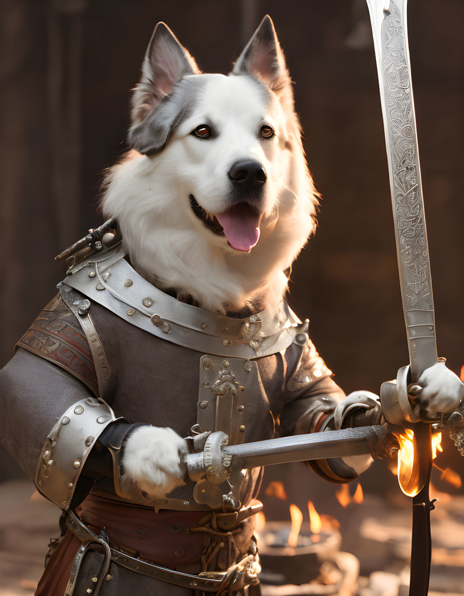 White and Grey Dog in Medieval Knight Armor with Sword and Happy Expression