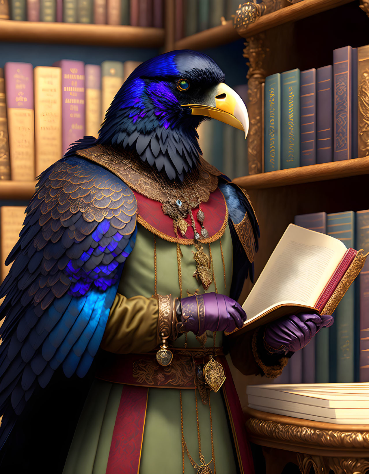 Anthropomorphic raven in medieval attire reading in antique book library