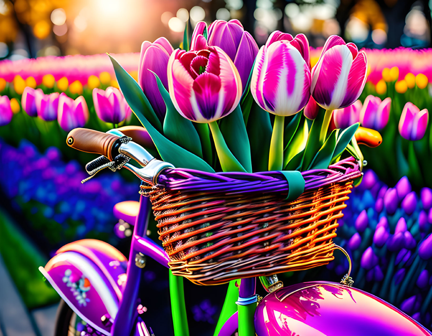 Vibrant purple bicycle with pink and purple tulips in colorful field at sunset