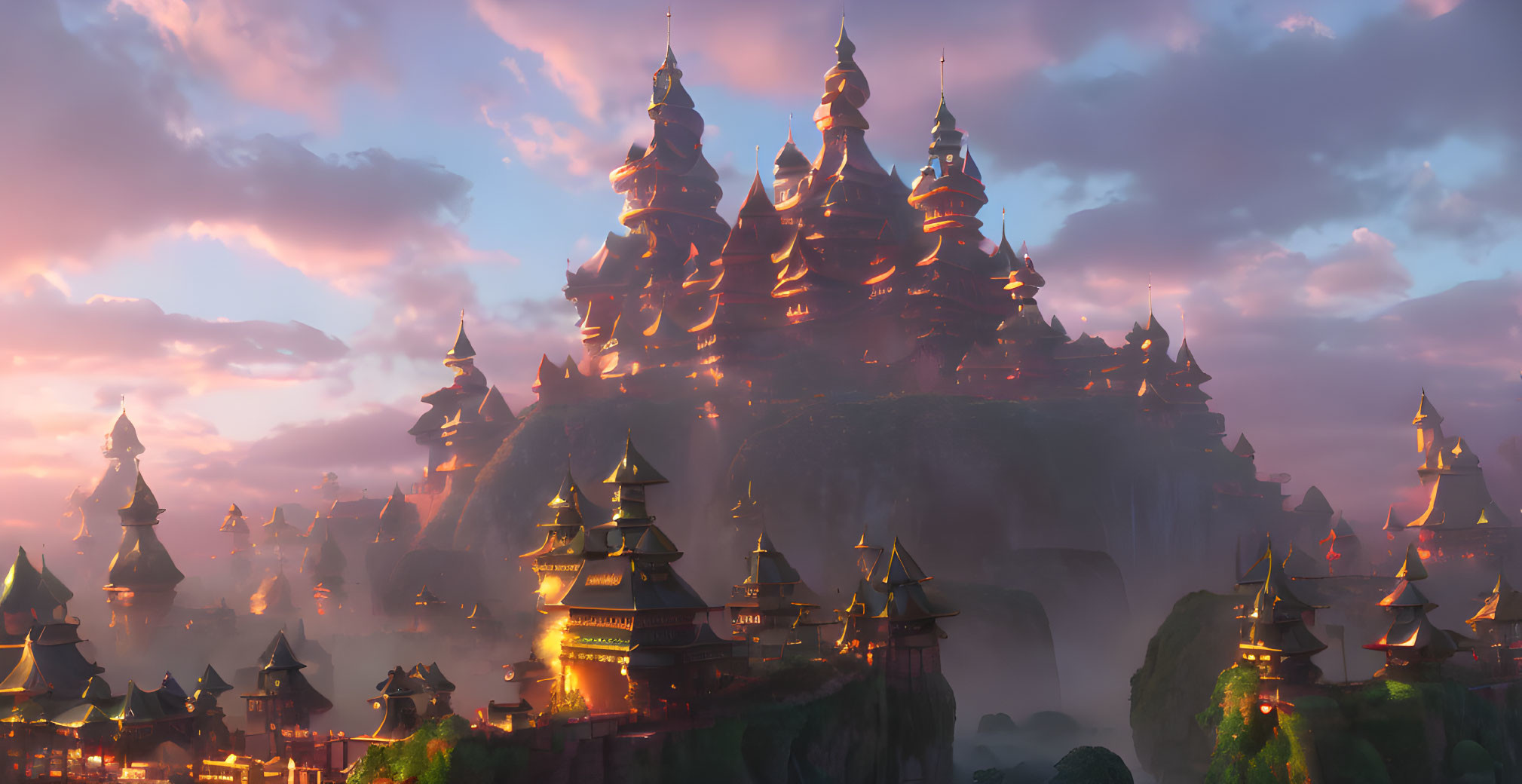 Fantasy castle with tiered towers on cliff at sunset