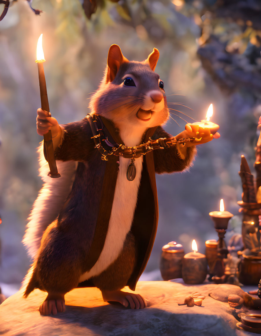 Smiling chipmunk holding candles in mystical setting