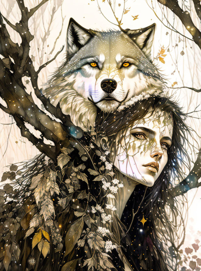 Woman with wolf features in nature-themed artwork