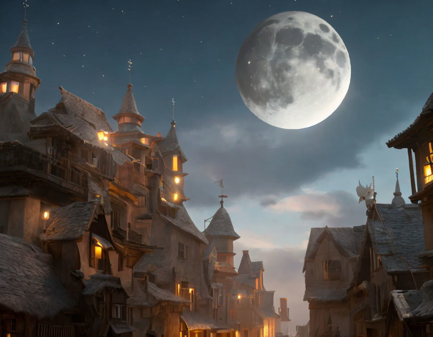 Medieval Fantasy Village with Illuminated Windows and Detailed Moon