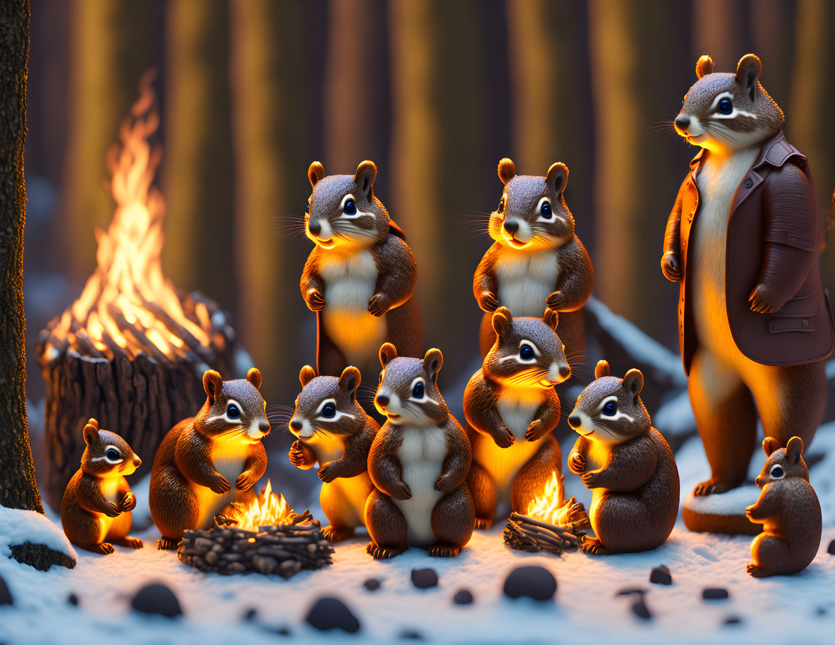 Chipmunks at Campfire in Forest: Animated Scene with Acorns