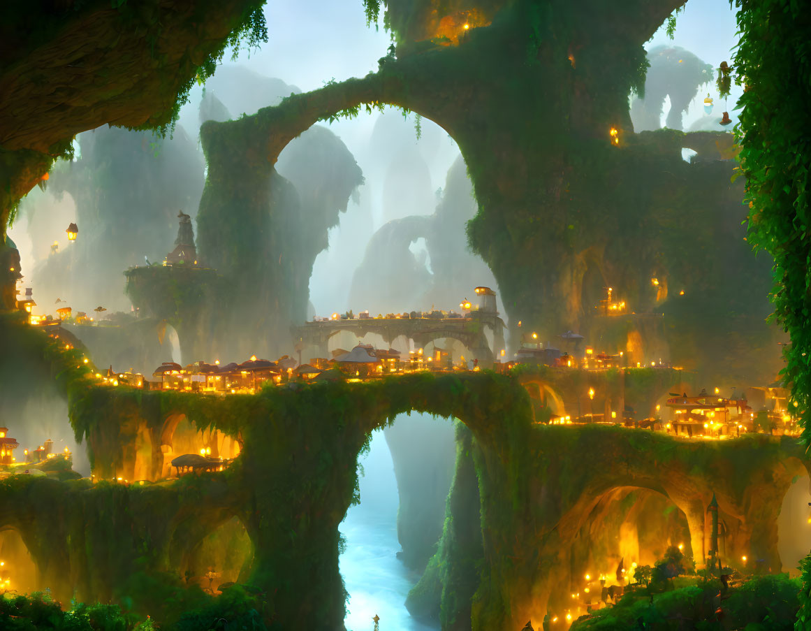 Mystical landscape with illuminated cave dwellings and bridges amid towering rock formations