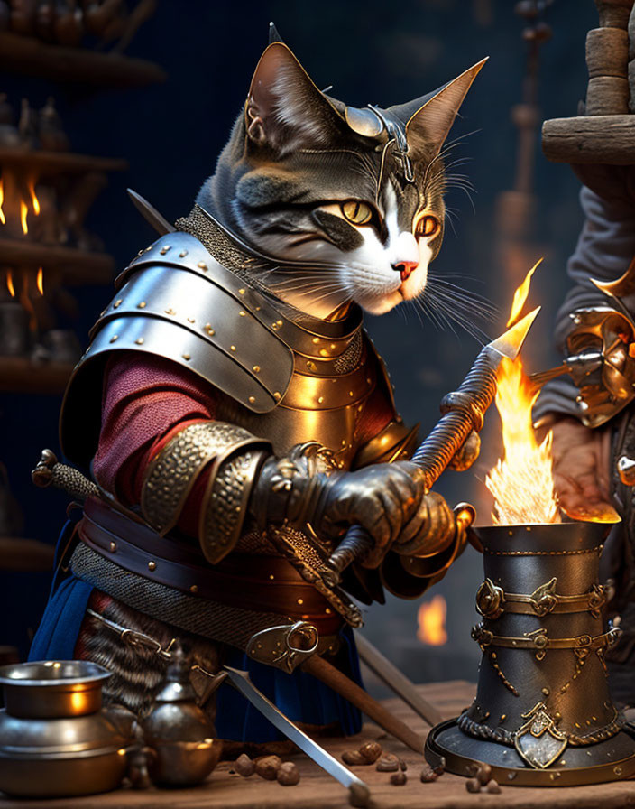 Medieval knight armor cat forging sword in dark workshop