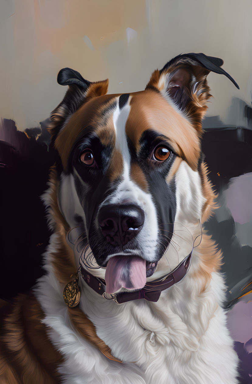 Brown and White Dog Digital Painting with Collar and Tongue Out