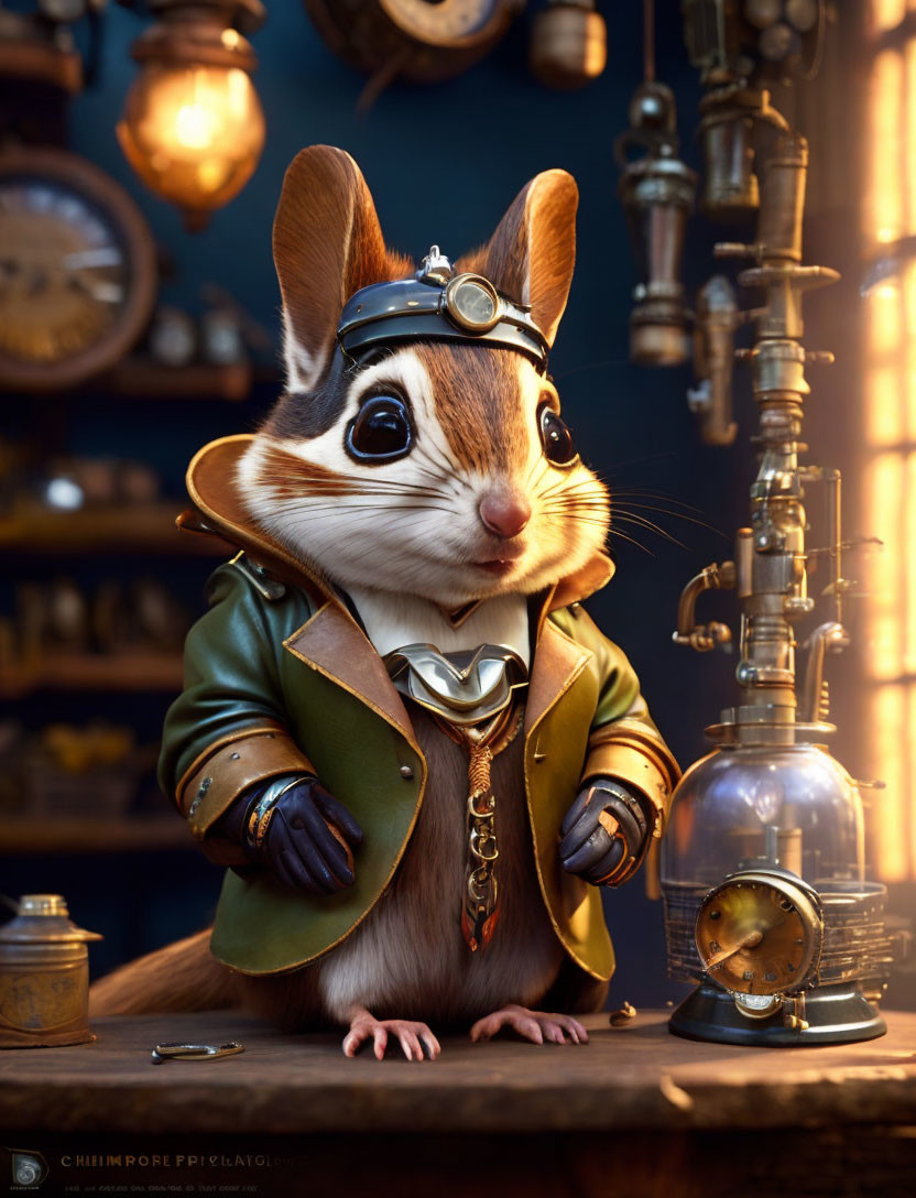 Steampunk-themed anthropomorphic chipmunk in workshop setting