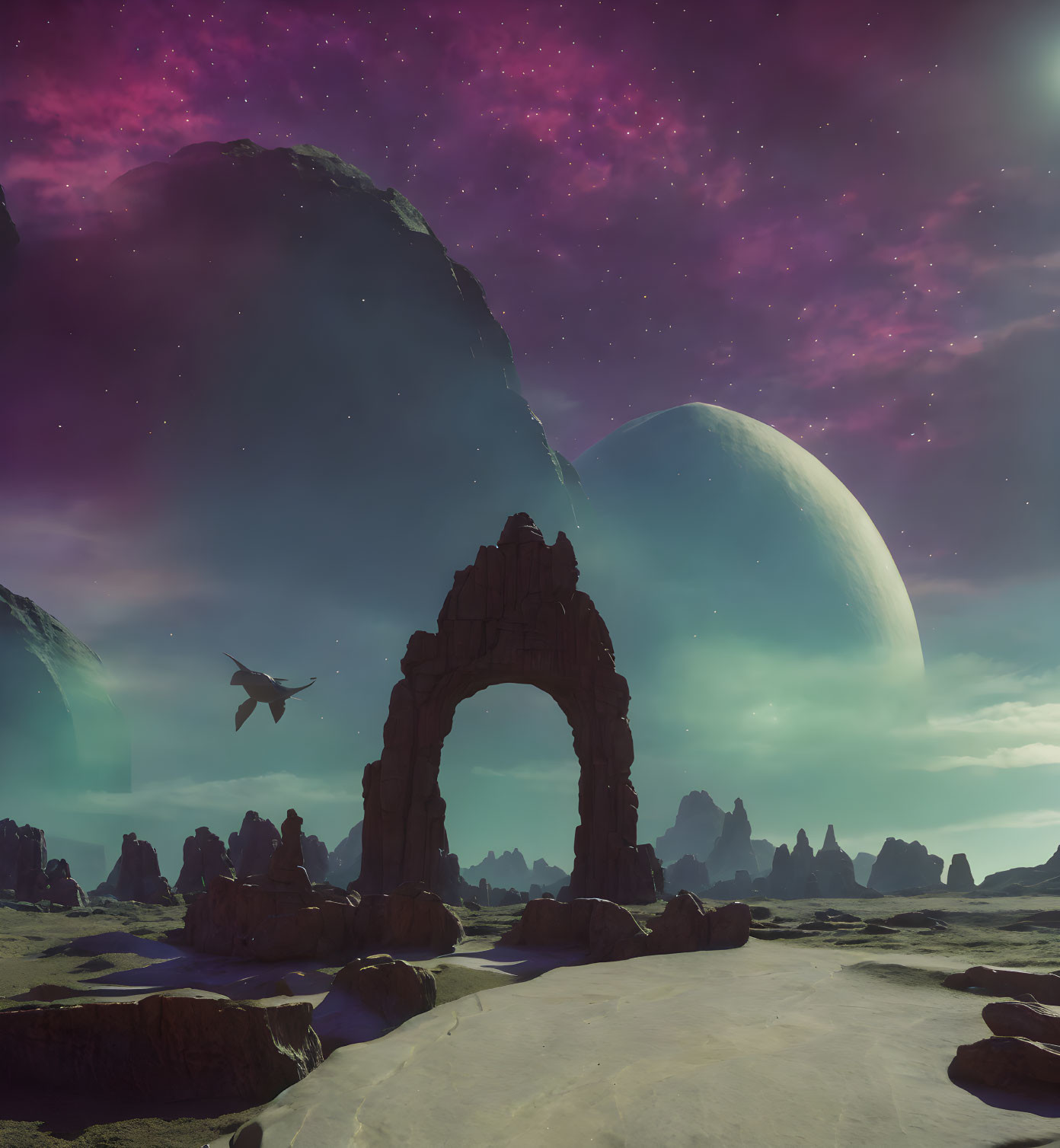 Surreal landscape with rocky arches, large planet, purple starry sky, and flying creature