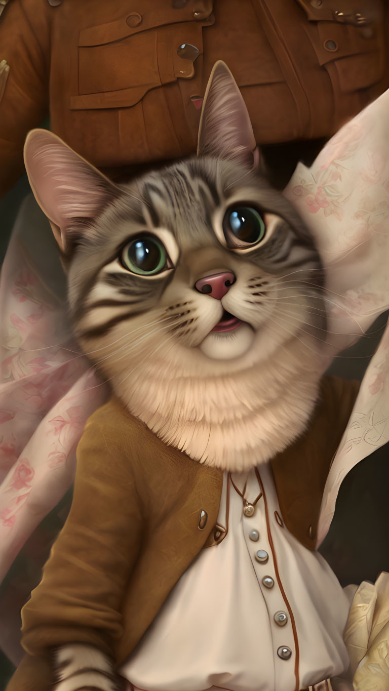 Whimsical digital artwork: Cat with human-like green eyes, vintage clothing, leather bag.