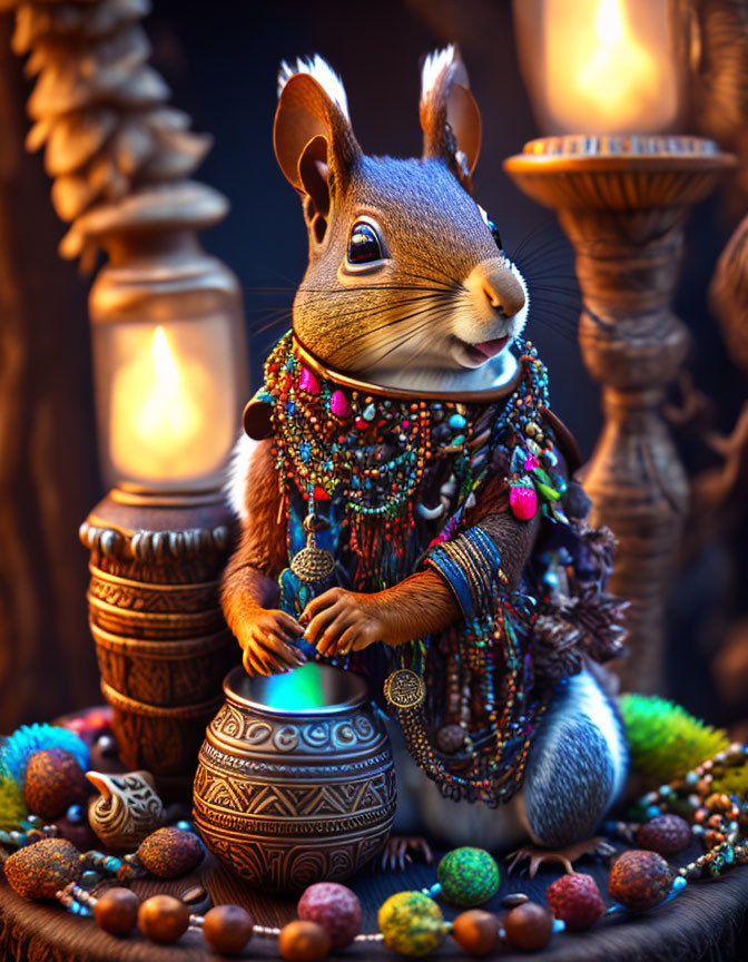 Colorful beaded necklaces on anthropomorphic squirrel with lanterns and vase.