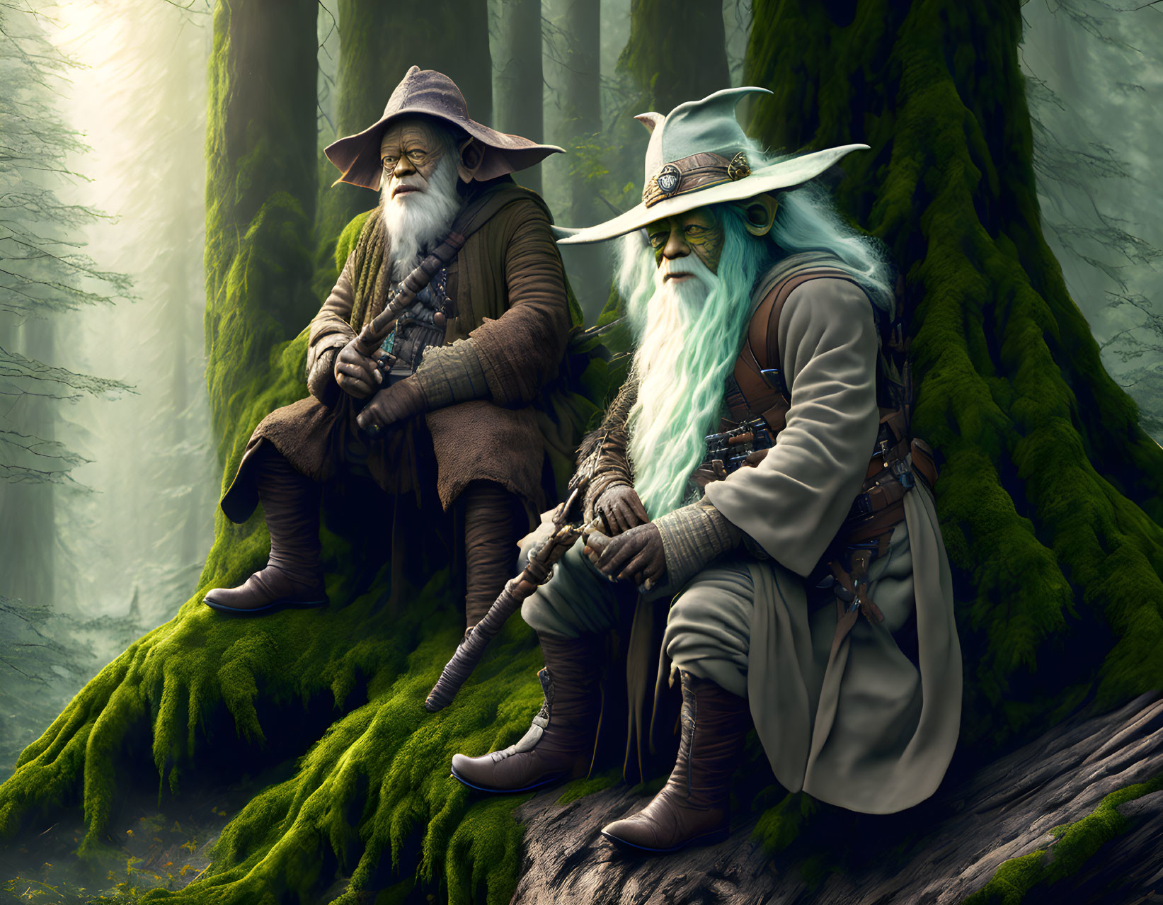 Two wizards in pointed hats and long beards in ancient forest setting.