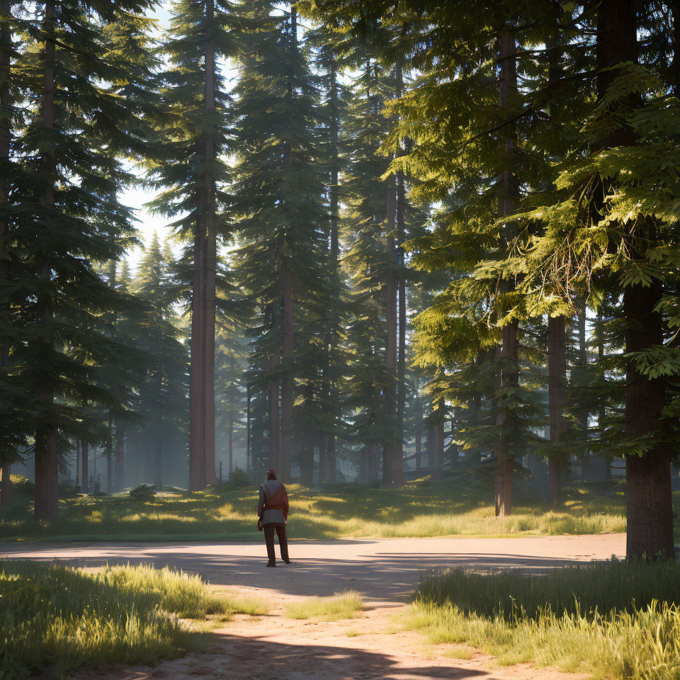 Person standing on forest path under soft sunlight surrounded by tall trees