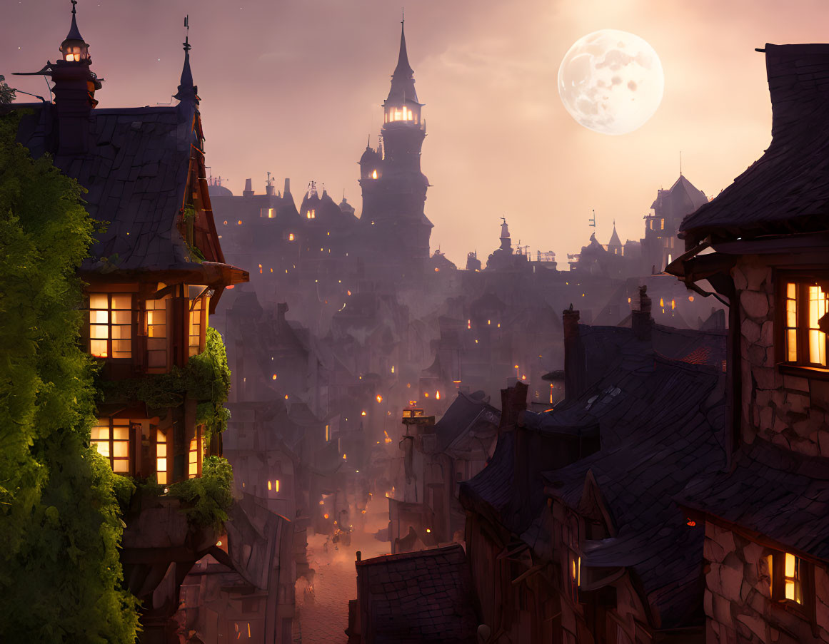 Medieval city at dusk: warmly lit windows, cobblestone streets, towering castle.