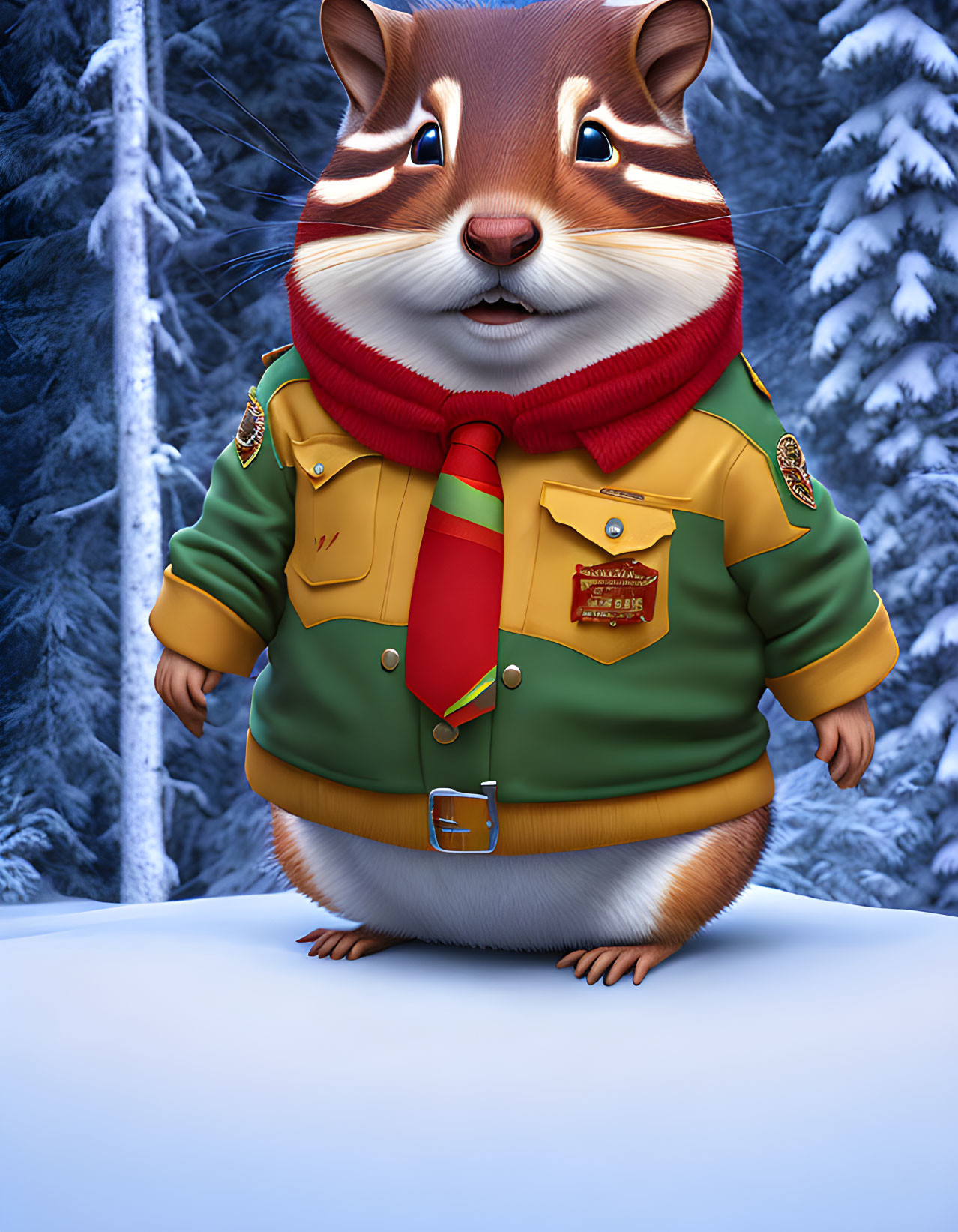 Chipmunk park ranger in snowy forest with green jacket and badge