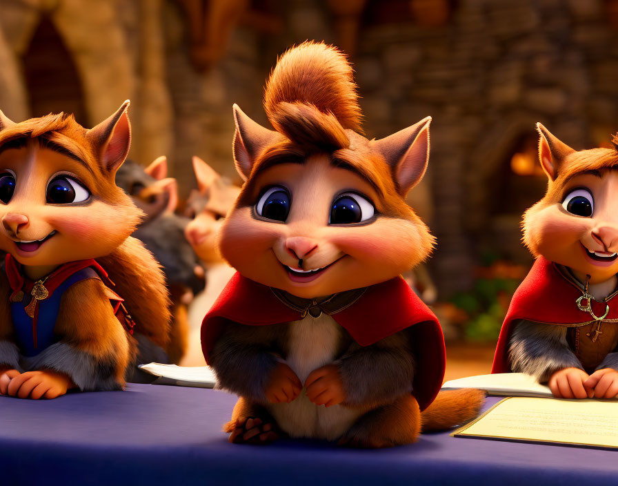 Three Chipmunk Characters at Table with Cheerful Demeanor