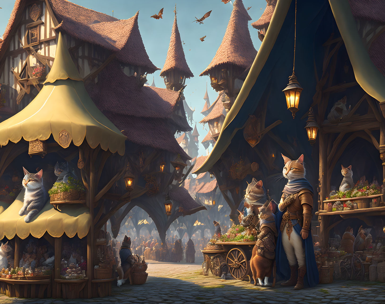 Medieval-themed anthropomorphic cat village square with market stalls