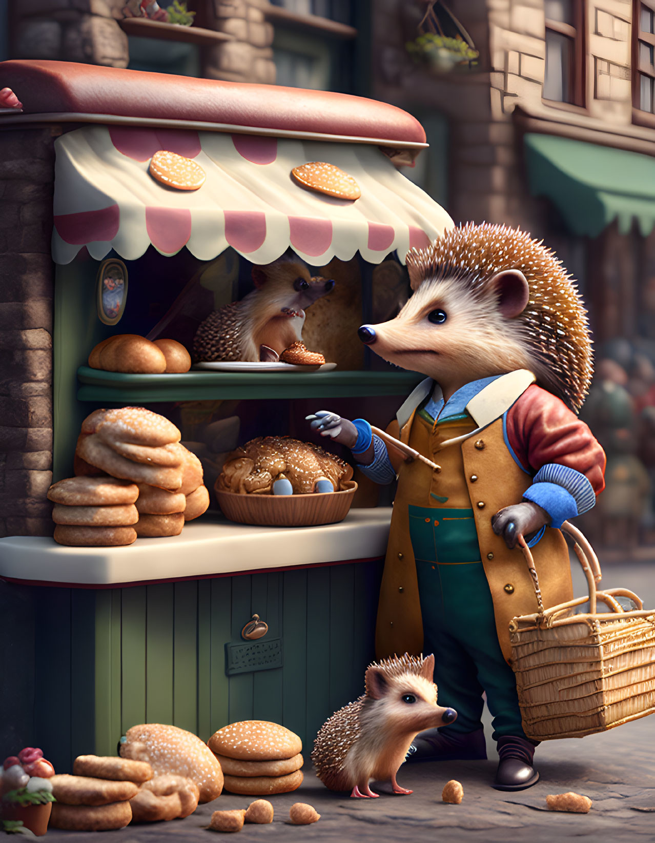 Anthropomorphic hedgehog at bakery stall with bread and pastries