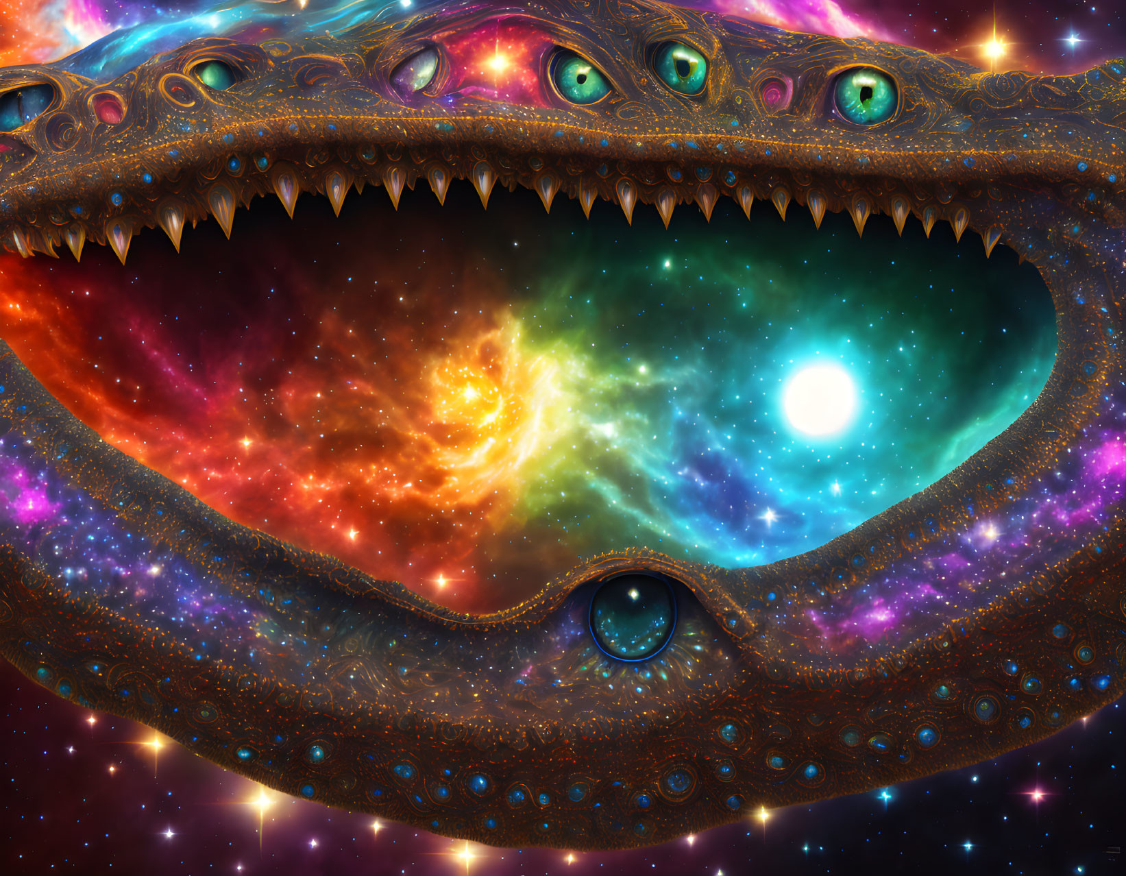 Colorful cosmic scene framed by creature's mouth with sharp teeth and eyes, set against starry backdrop