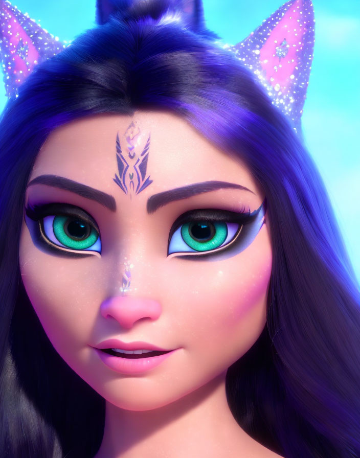 Detailed 3D-animated female character with green eyes and cat ears on blue background