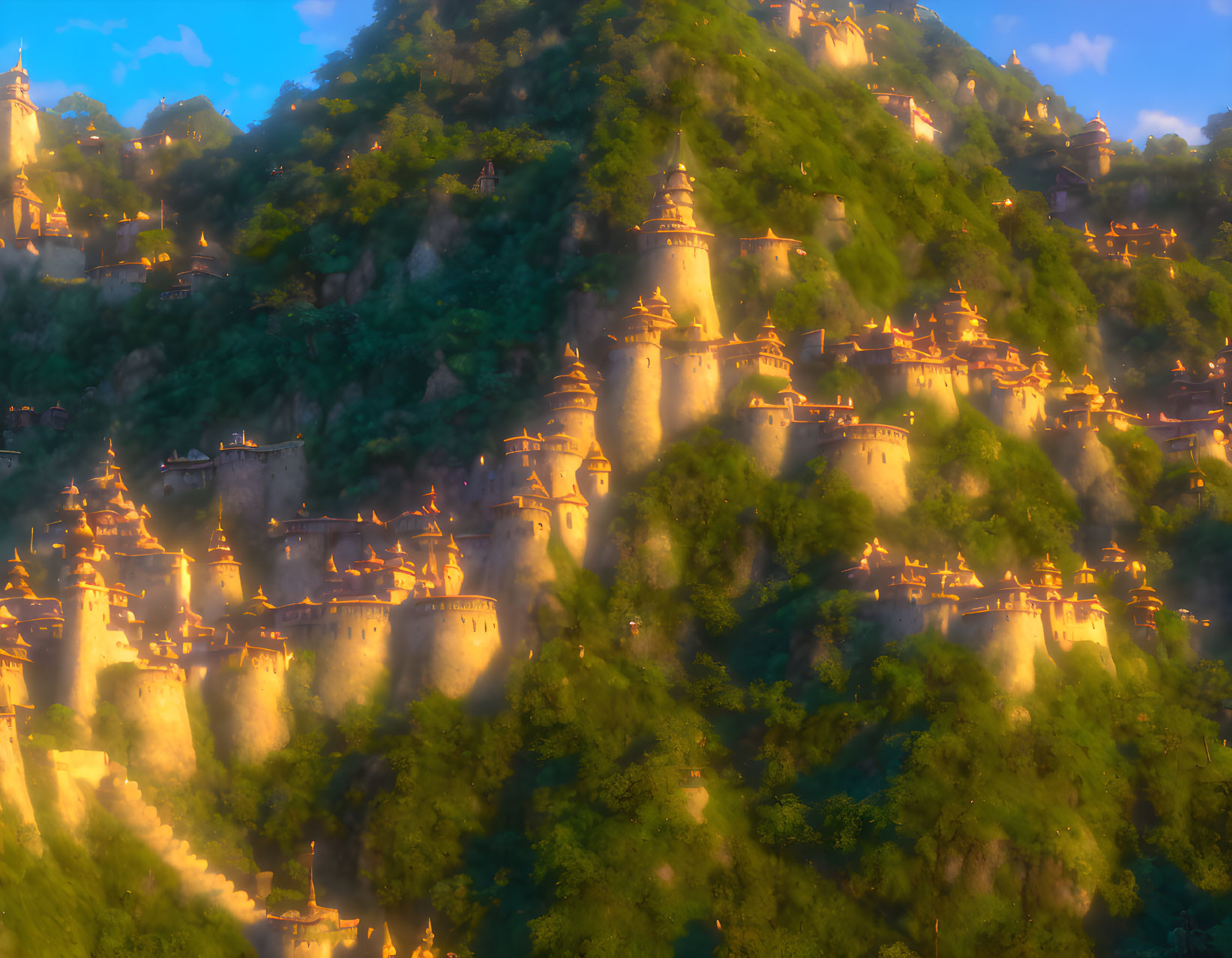 Mythical mountainside with ancient castle-like structures in misty golden light