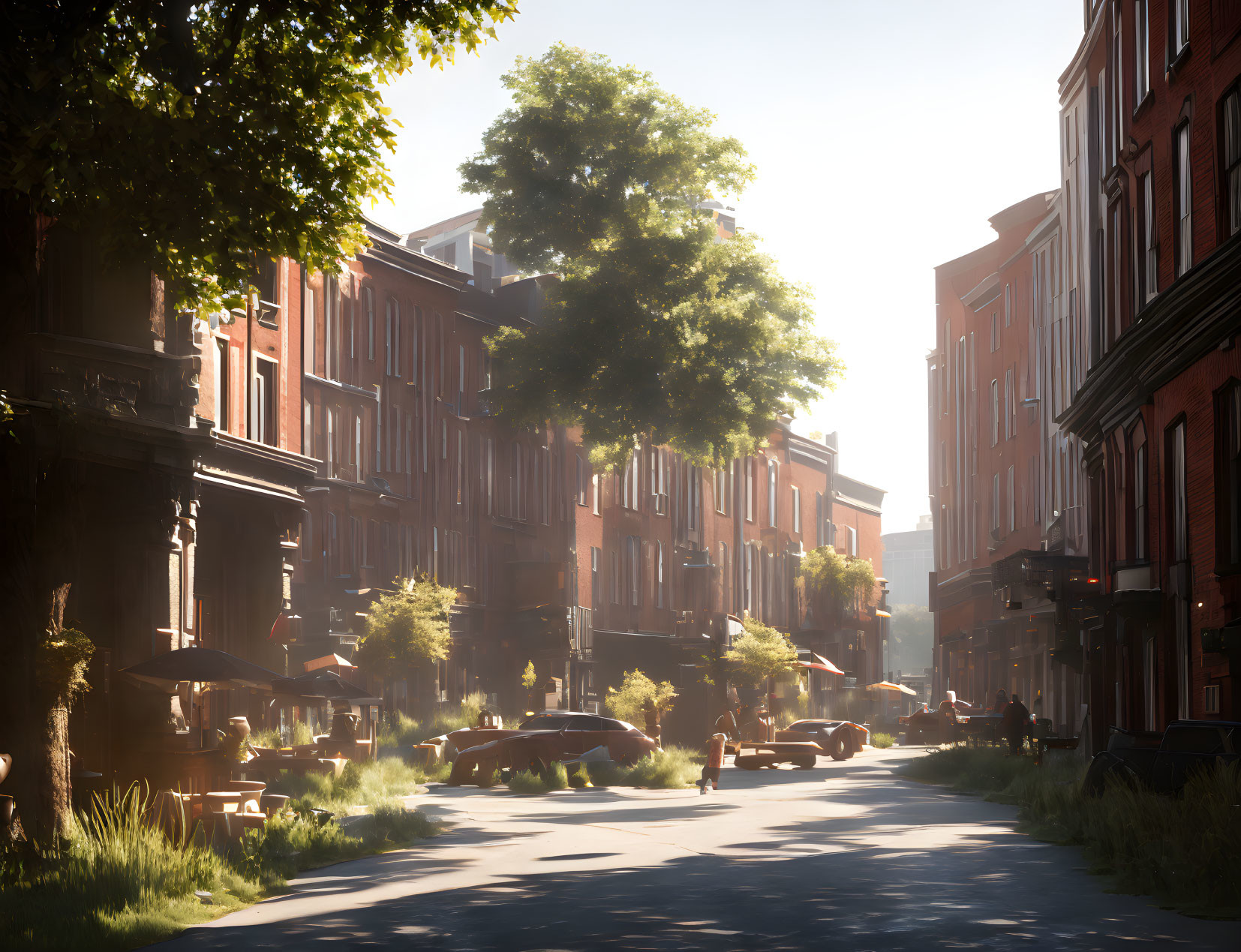 Tranquil urban street with lush trees and red brick buildings