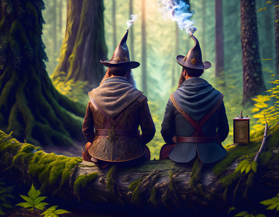 Medieval wizard attire individuals sitting on log in forest with whimsical smoke swirls.