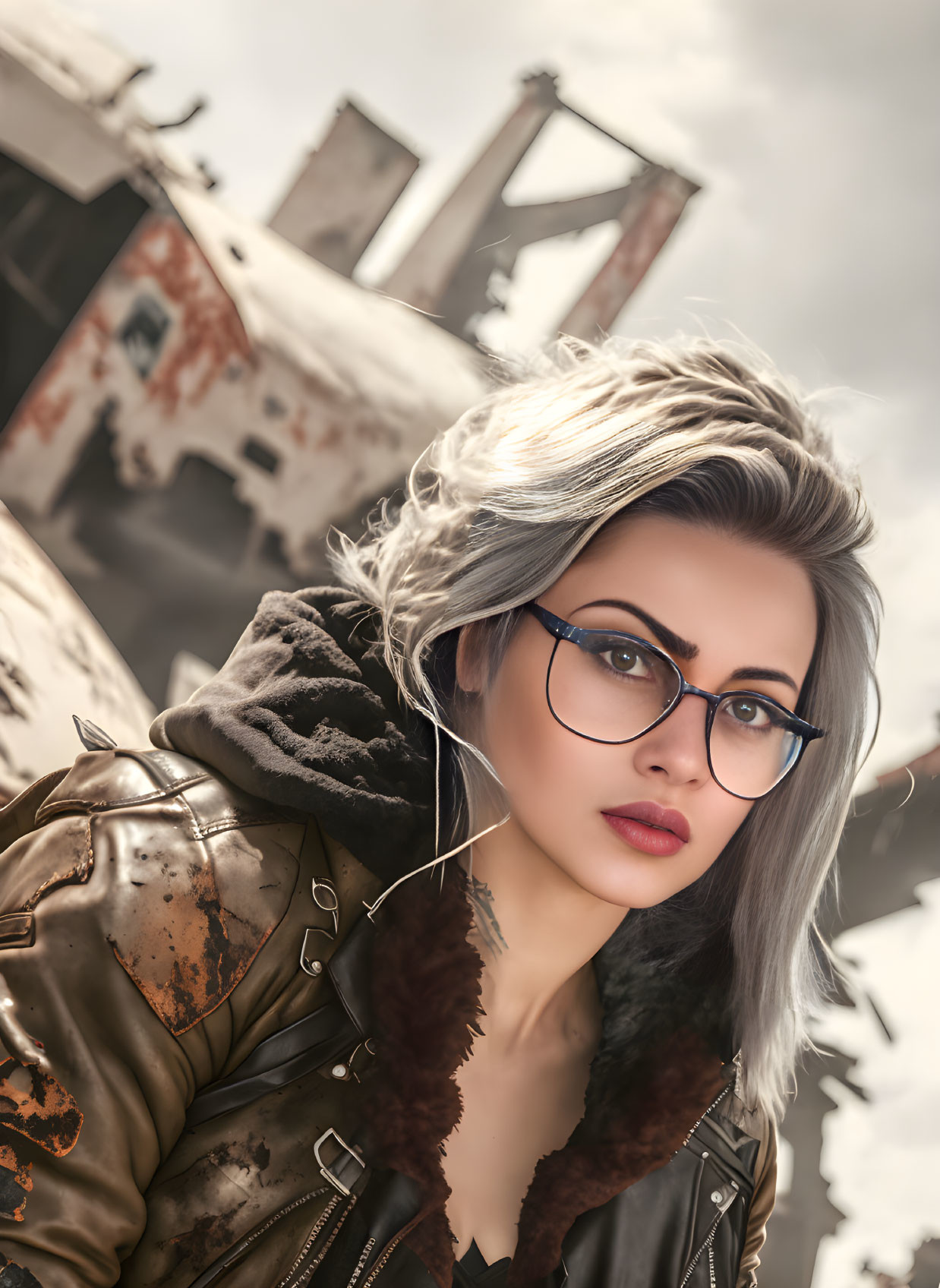 Silver-Haired Woman in Blue Glasses and Leather Jacket against Cloudy Sky