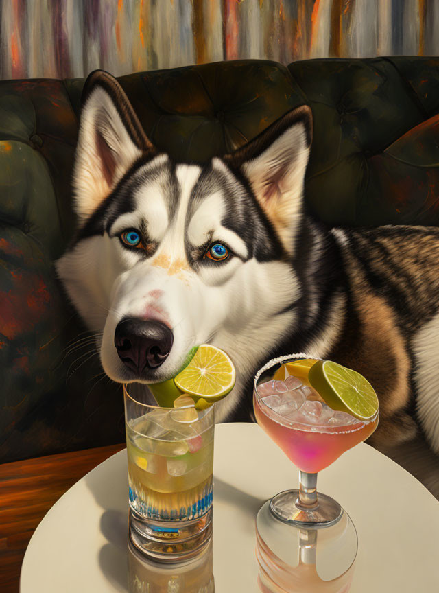 Siberian Husky with blue eyes and cocktails on table