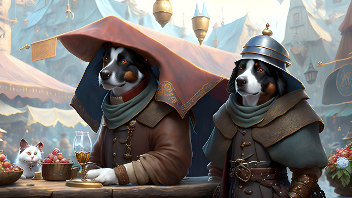 Anthropomorphic dogs in medieval attire at busy market with cat.