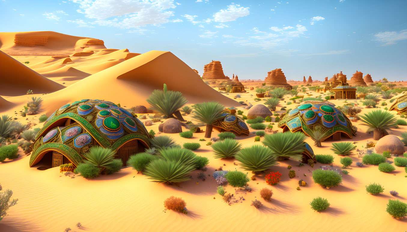 Ornate dome-shaped structures in desert oasis landscape