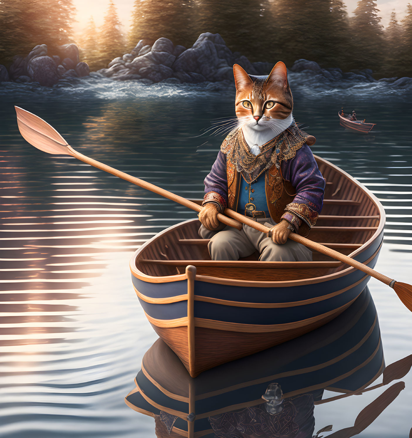 Cat with human features rowing boat in tranquil waters with forest background