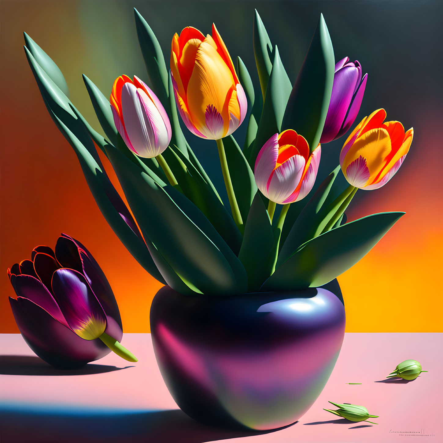 Colorful Tulips Still Life Painting in Dark Vase on Gradient Background