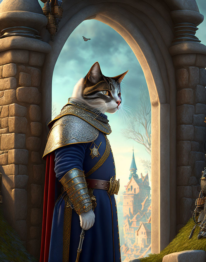 Knightly Cat in Armor Stands in Castle Archway