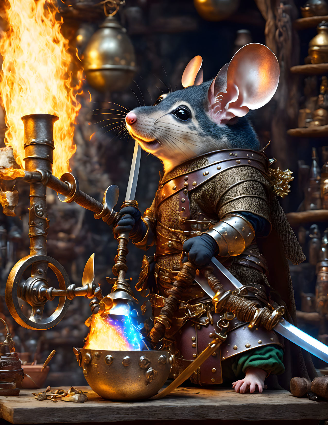 Armor-wearing mouse with sword by cauldron in mystical workshop