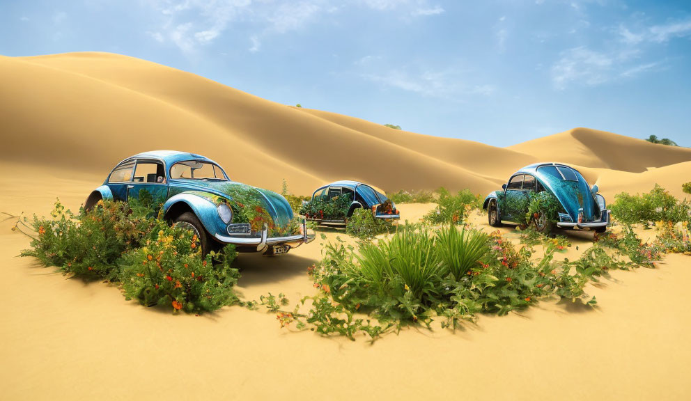 Vintage Volkswagen Beetles buried in desert sand.