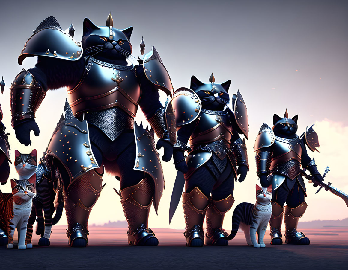 Armored Cats Walking in Formation at Dusk