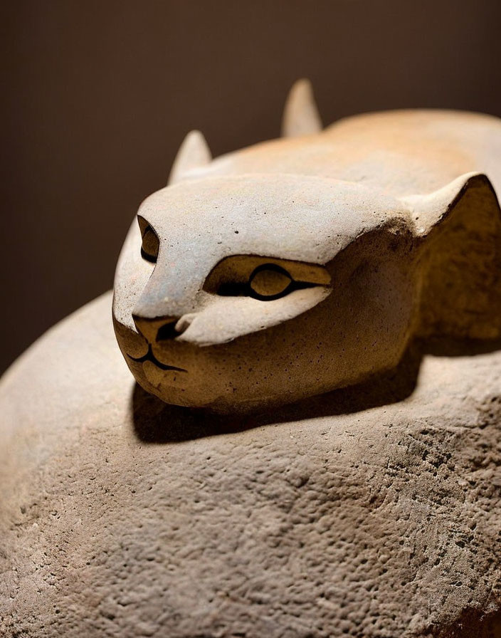 Ancient Egyptian Cat Sculpture: Stone Carving with Broken Ears and Prominent Eyes