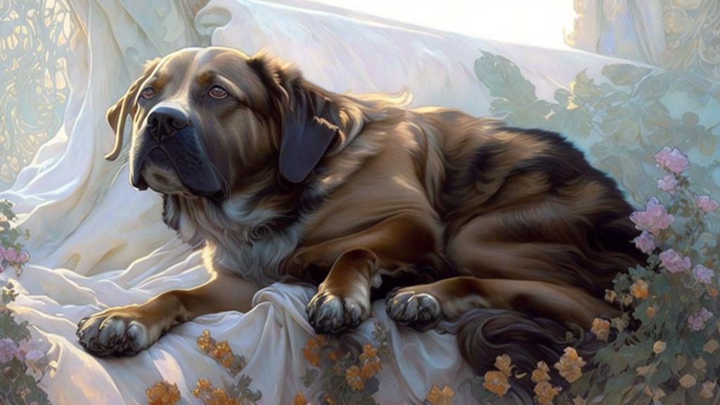 Dog resting on floral cloth surrounded by flowers under soft glowing light