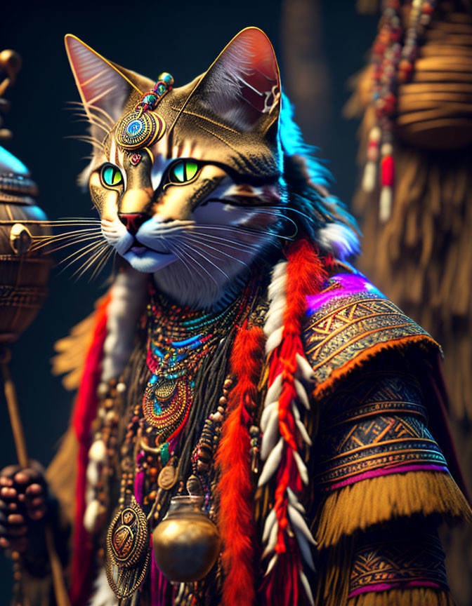 Cat with human-like features in vibrant tribal attire and ornate jewelry