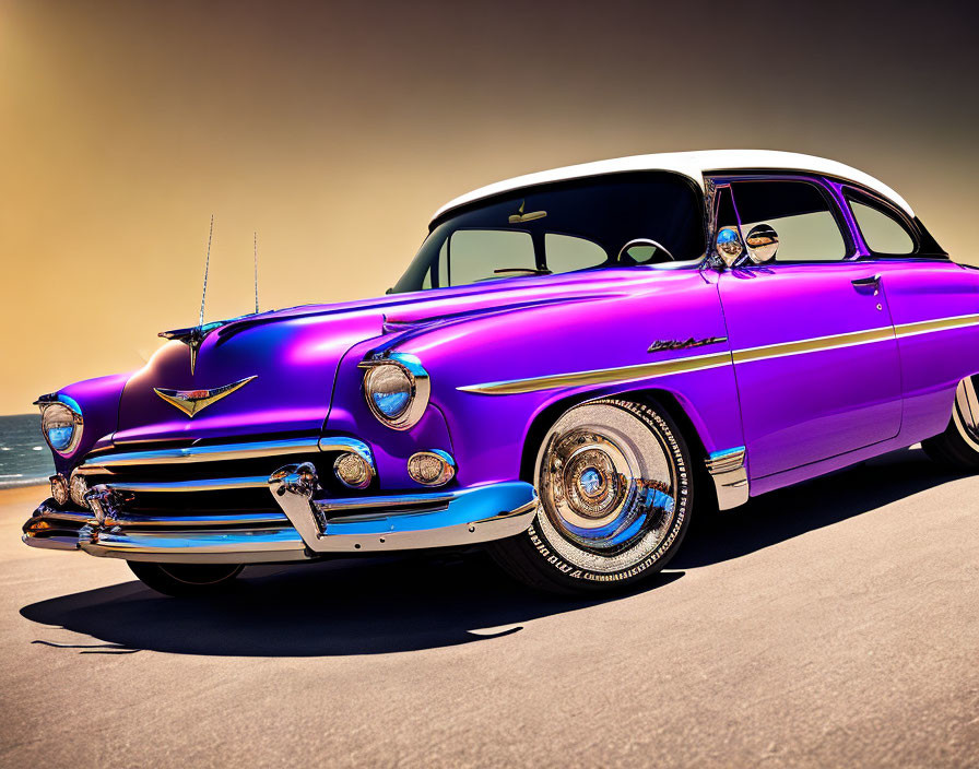 Vintage Purple Car with Chrome Grill and White-Wall Tires on Gradient Background